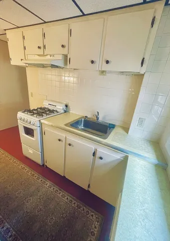 a living room with a fireplace and a rug