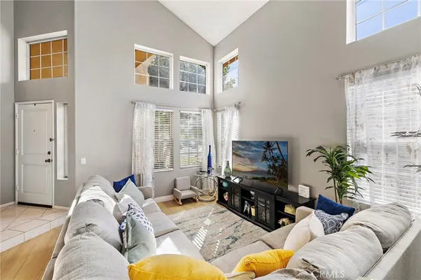 a living room with furniture a flat screen tv and potted plants