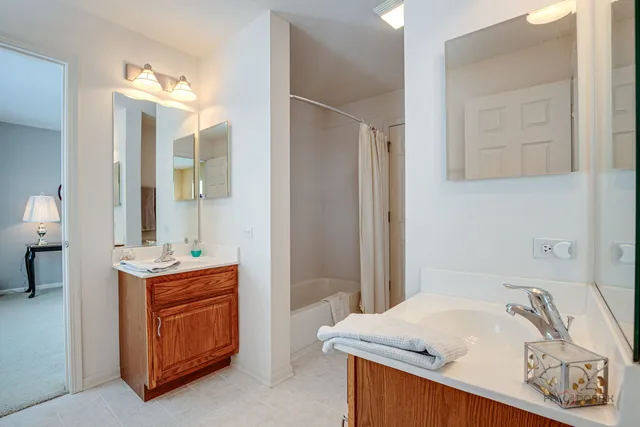 a bathroom with a tub sink and mirror