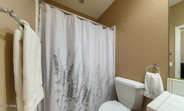 a white toilet sitting next to a shower curtain