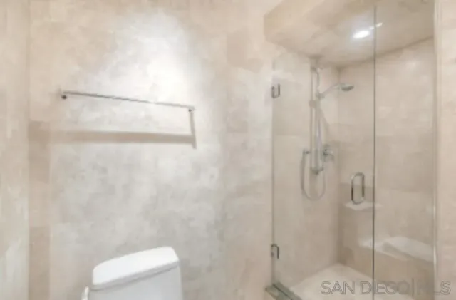 a bathroom with a shower and toilet