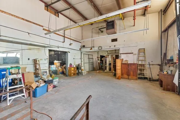 a view of a garage with storage