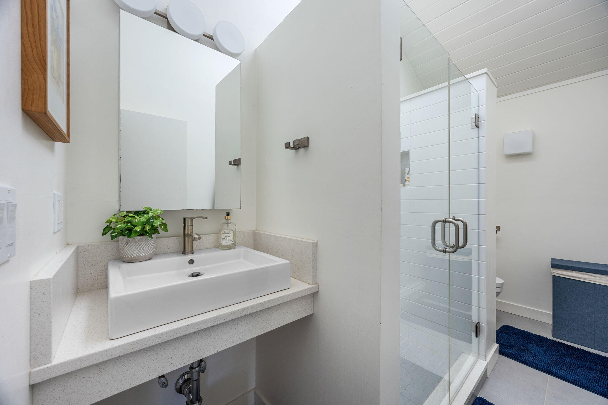 20 Lil's Way Wellfleet, MA 02631 - Photo 26 of 43 a bathroom with a sink a mirror a potted plant and wooden floor