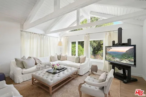 a living room with furniture a rug potted plant and a large window