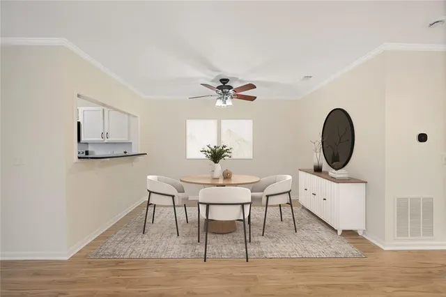 a workspace with furniture and a mirror