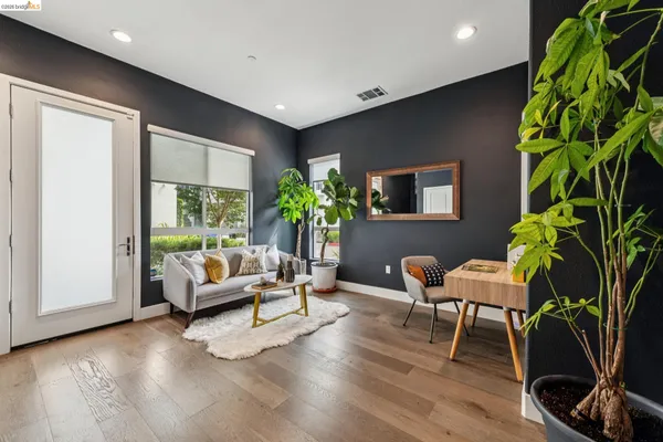 a living room with furniture and a potted plant