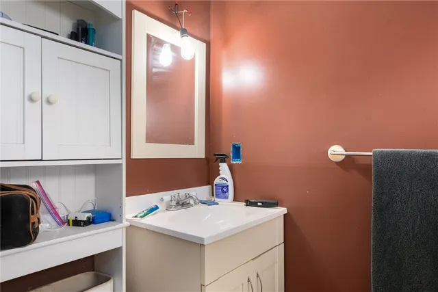 a bathroom with a sink vanity and a mirror