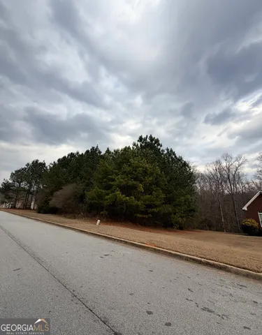 a view of a road with a yard in back