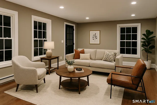 a living room with furniture and a potted plant