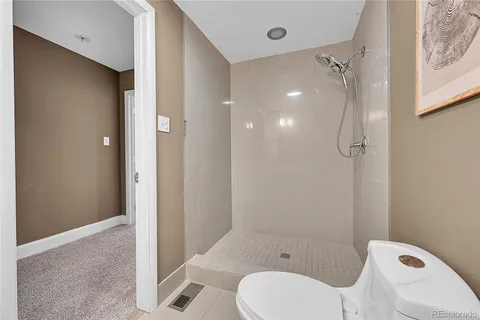 a bathroom with a shower and toilet
