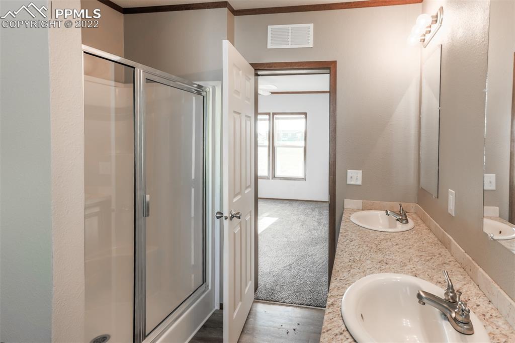 703 Buffalo Run Road Calhan, CO 80808 - Photo 22 of 25 a bathroom with a granite countertop sink a mirror and shower