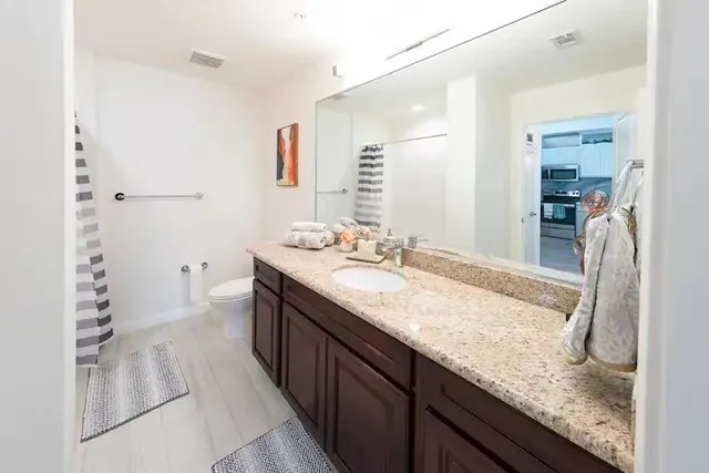 a bathroom with a granite countertop sink and a mirror