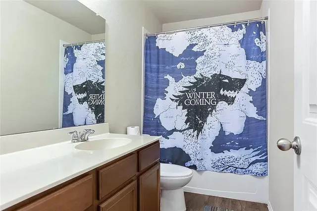 a bathroom with a sink mirror vanity and toilet