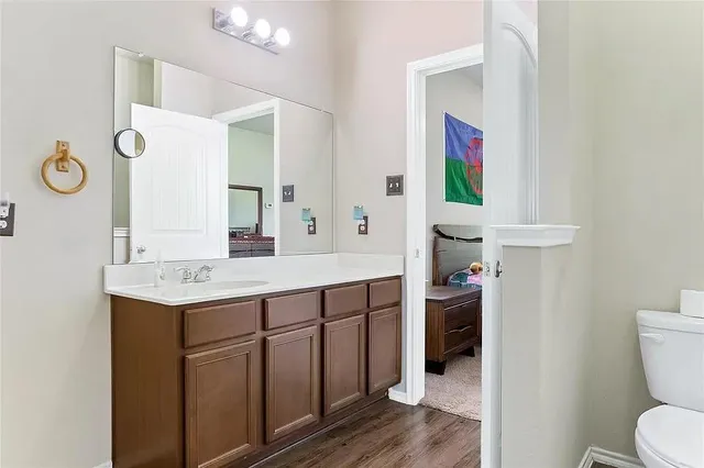 a bathroom with a sink a toilet and a mirror
