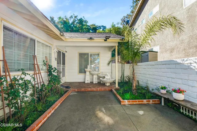 a view of a terrace with chairs and a potted plant