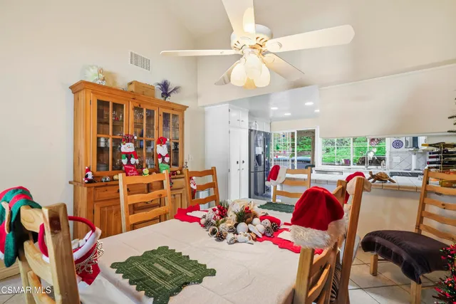 a view of a dining room with furniture and a large window