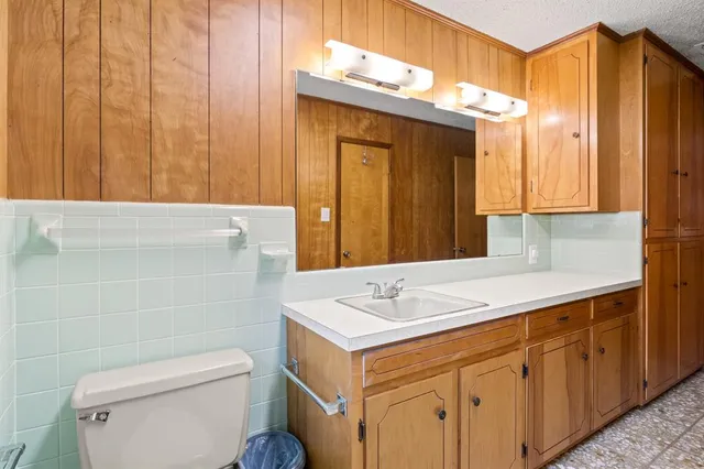 a bathroom with a sink a toilet and mirror