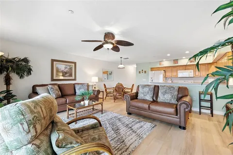 a living room with furniture ceiling fan and a rug