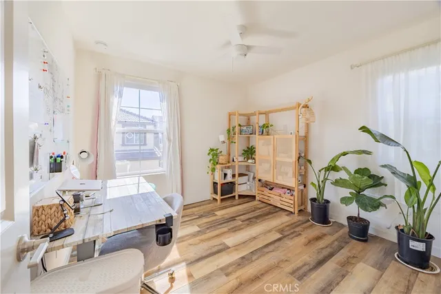 a living room with furniture potted plant and a window