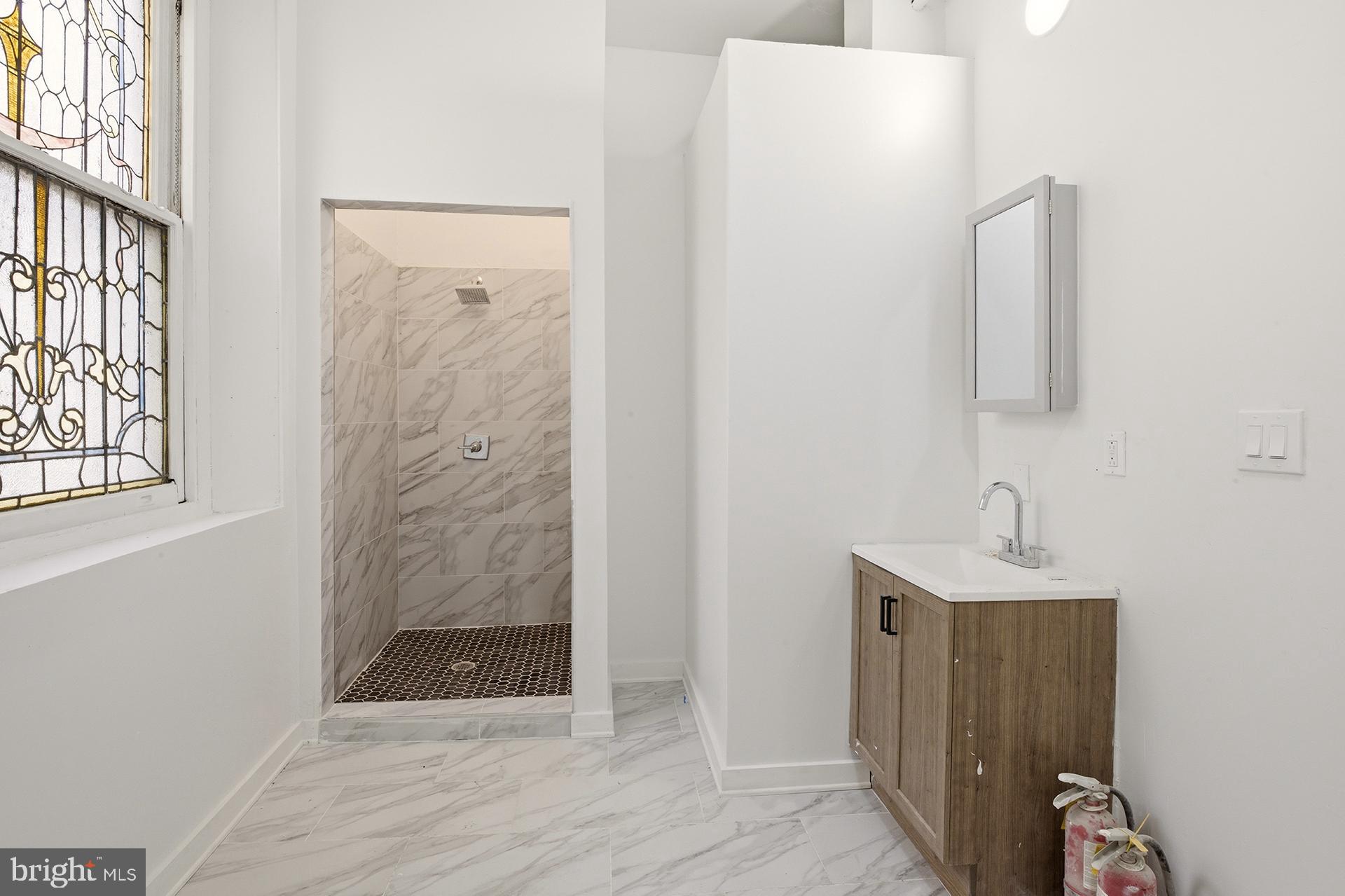 6012 Ridge Avenue, Unit 5 Philadelphia, PA 19128 - Photo 9 of 19 a bathroom with a sink a mirror and shower