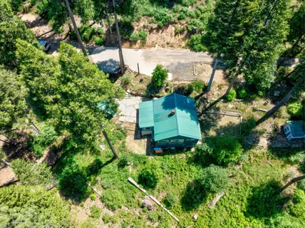 an aerial view of a house with a yard and large trees