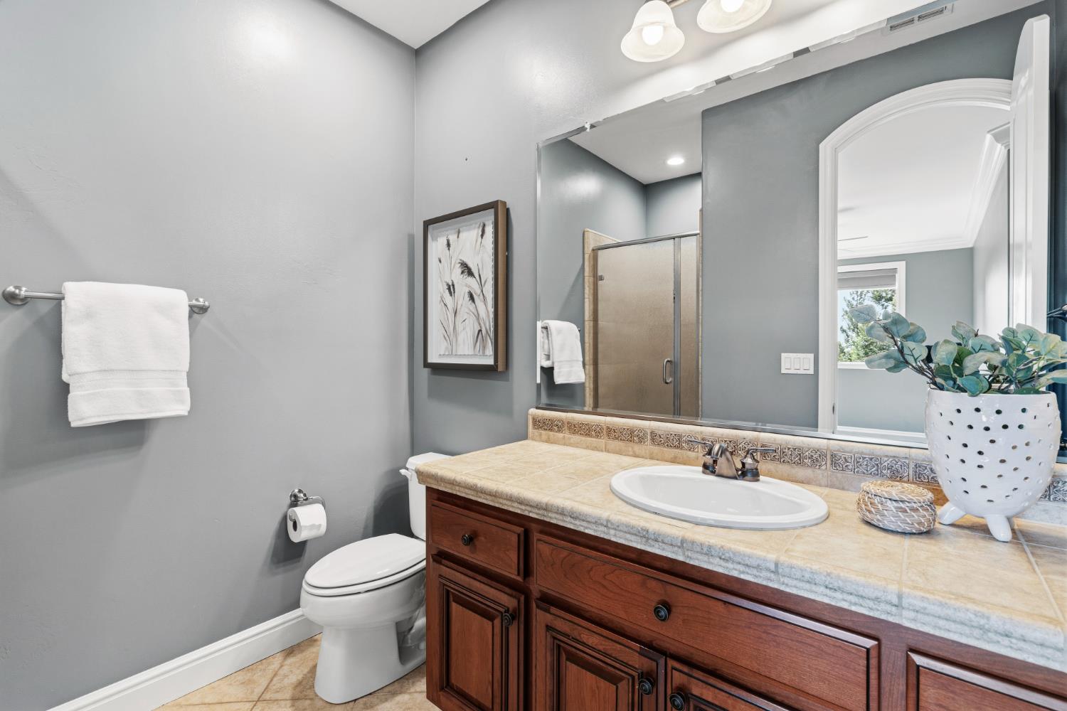 3047 Travois Circle Rescue, CA 95672 - Photo 47 of 94 a bathroom with a granite countertop sink a toilet and a mirror