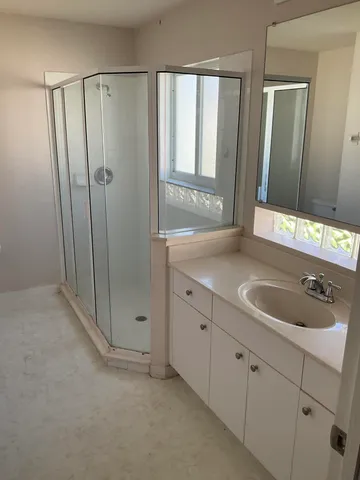a bathroom with a sink a mirror and shower