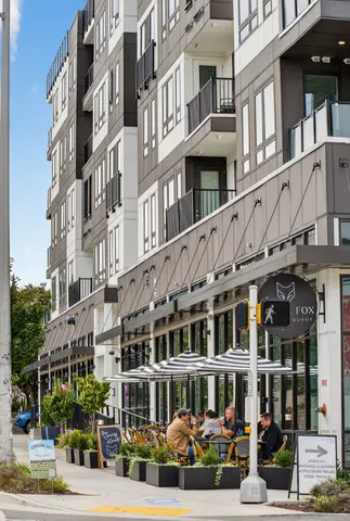 a front view of a building with street