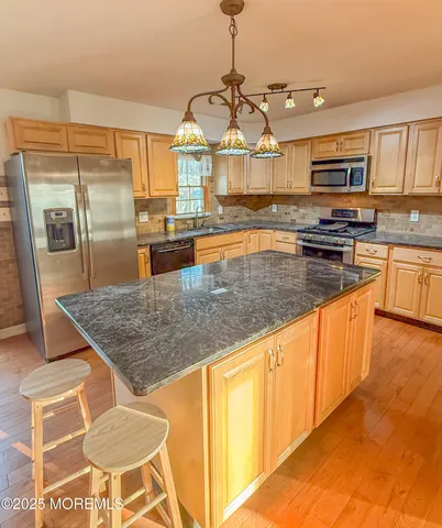 a kitchen with stainless steel appliances granite countertop a sink and a refrigerator