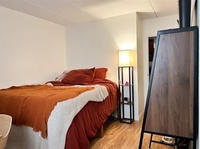 a bedroom with a bed and a dresser