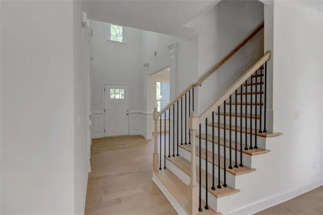 a view of staircase with white walls and white walls