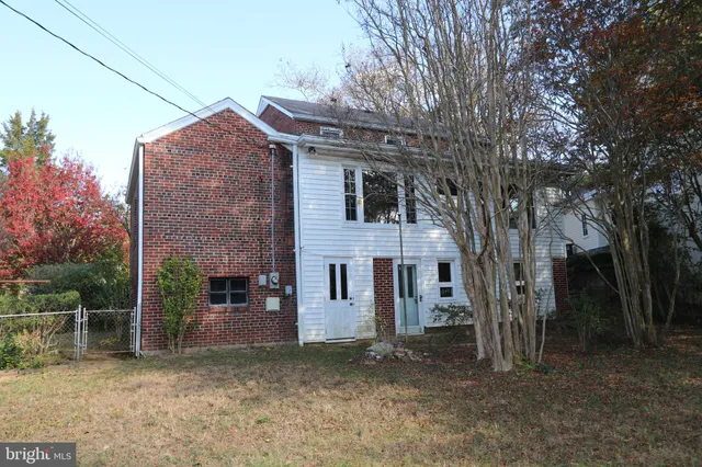 a backyard of a house with plants and large tree
