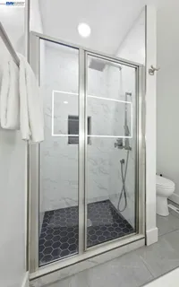a bathroom with a shower and toilet