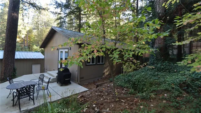 a view of a yard with large trees