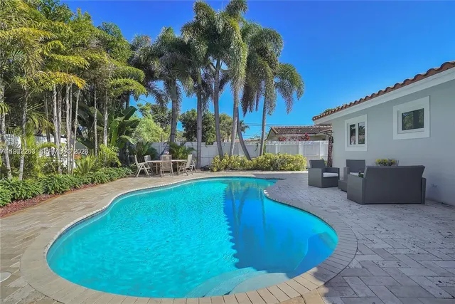 a view of a swimming pool with a patio