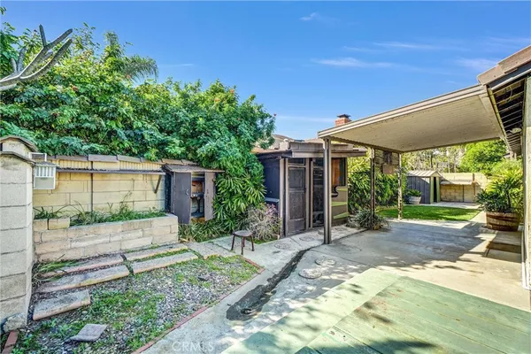 a garden view with a seating space