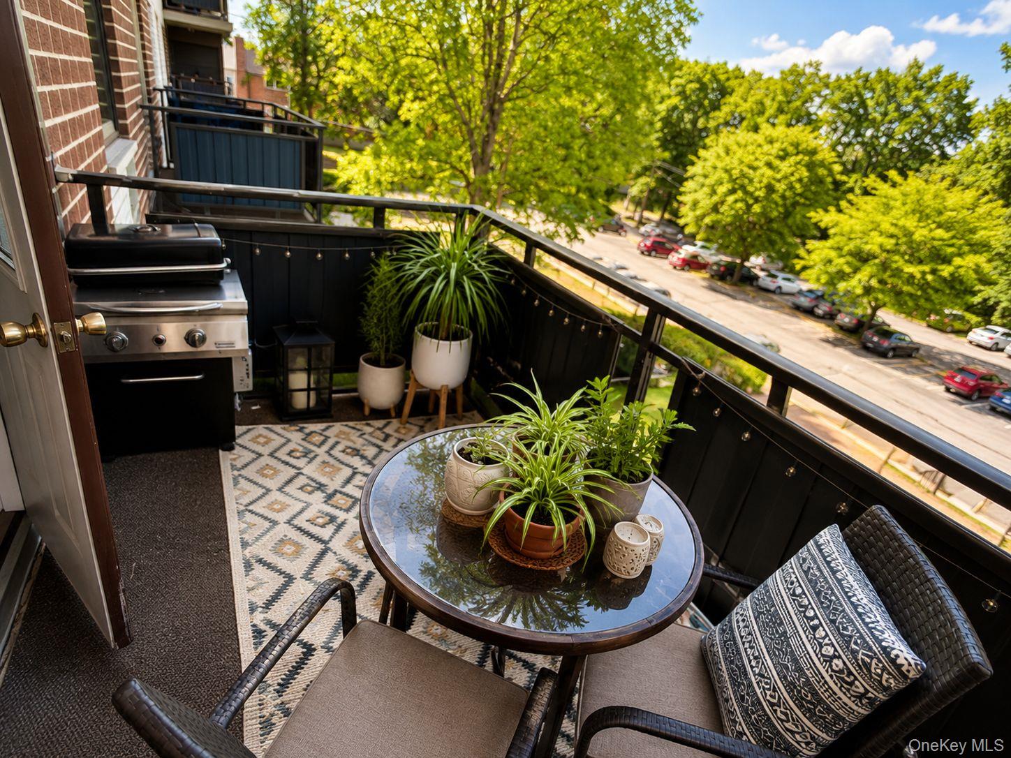 160 Academy Street, Unit 3J Poughkeepsie, NY 12601 - Photo 11 of 14 a couple of chairs sitting on a roof with potted plants and wooden floor