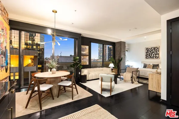 a view of a city from a dining room