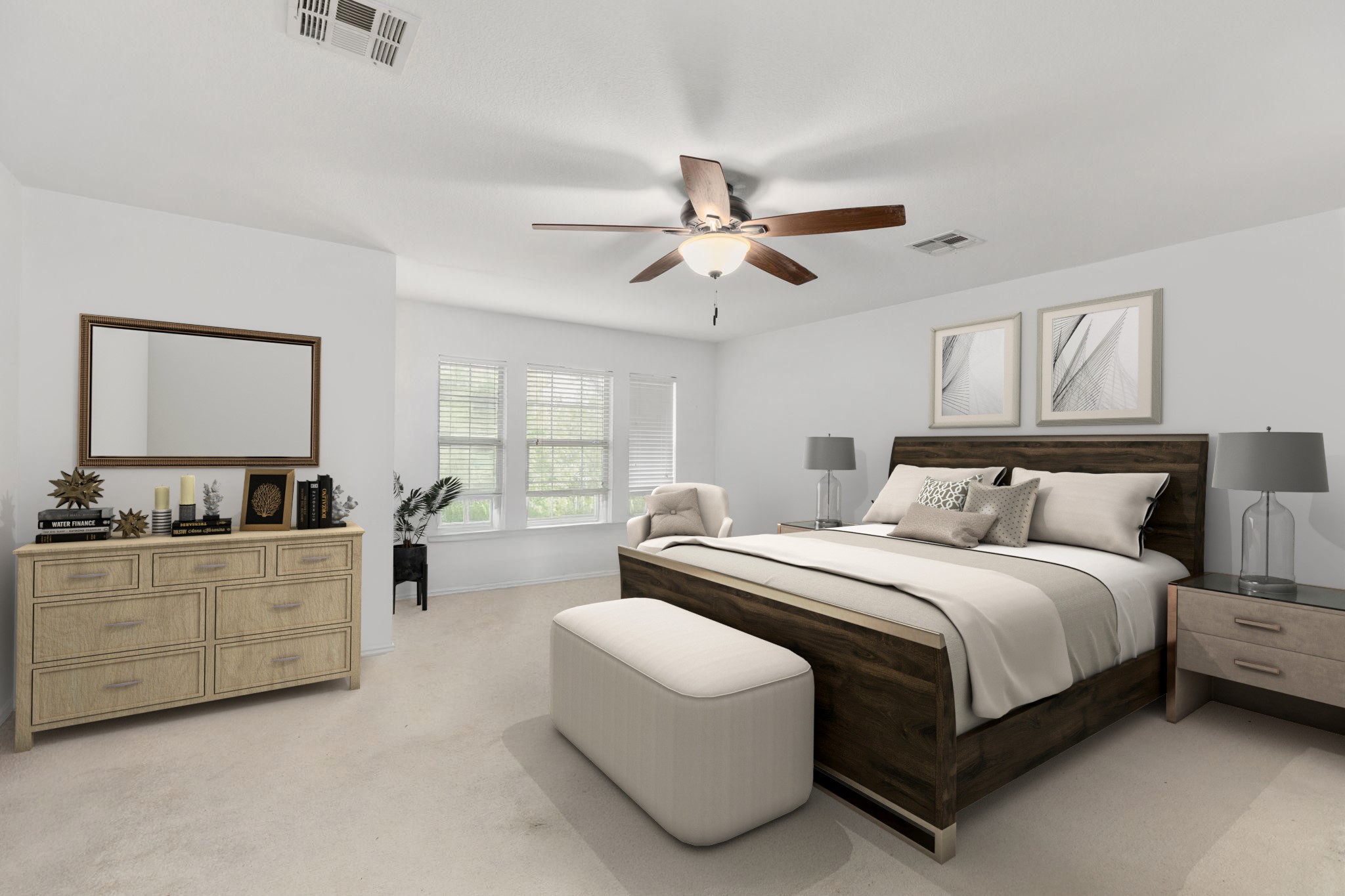 144 Vicksburg Loop Elgin, TX 78621 - Photo 10 of 23 a spacious bedroom with a bed a couch and a chandelier