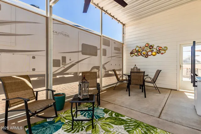 a view of a balcony dining area