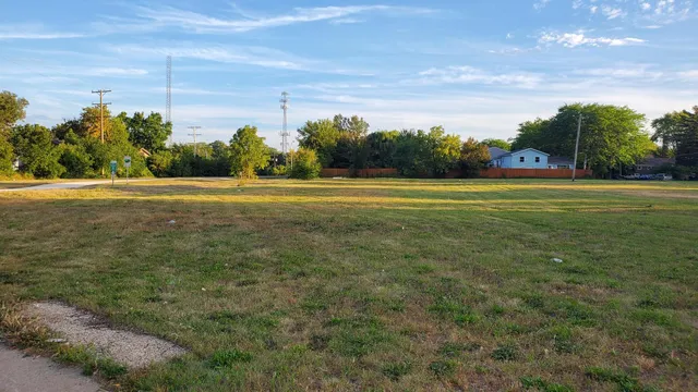 a view of a green field with trees in the background