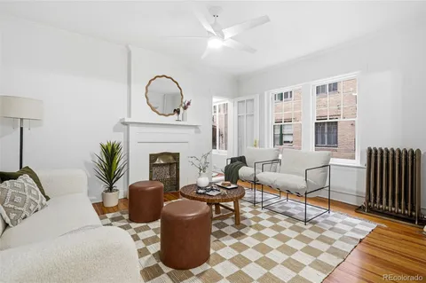 a living room with furniture a fireplace and a potted plant