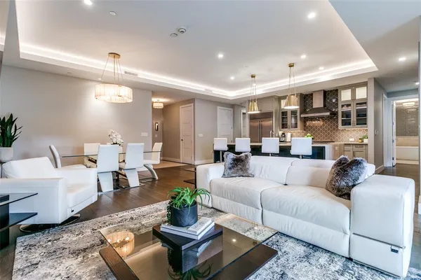 a living room with furniture potted plant and kitchen view