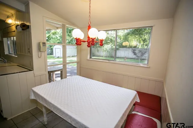a view of a dining room with furniture window and outside view