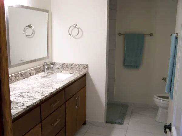 a bathroom with a granite countertop sink a toilet and a mirror