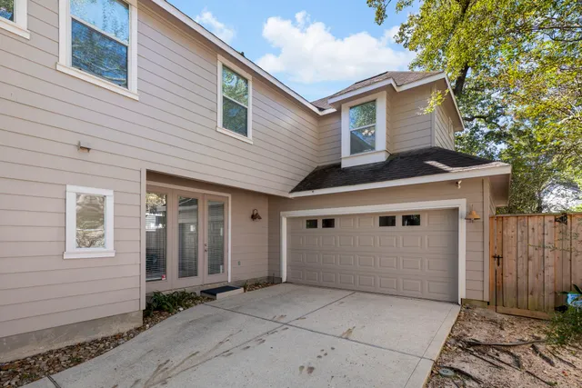 a view of a yard with plants and large trees