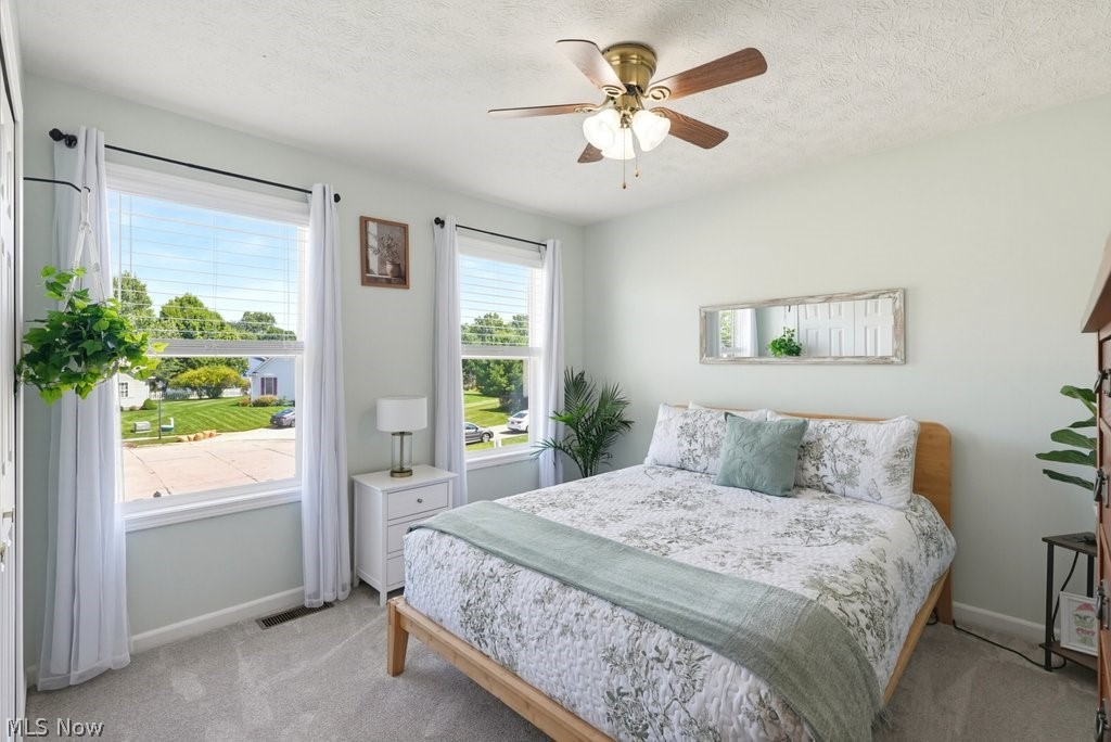 851 Susan Road Ravenna, OH 44266 - Photo 34 of 50 Light-filled room featuring two windows with white blinds, a ceiling fan with integrated lighting, a neutral-toned wall color, and plush carpet flooring