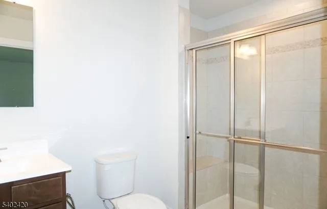 a bathroom with a shower and a toilet