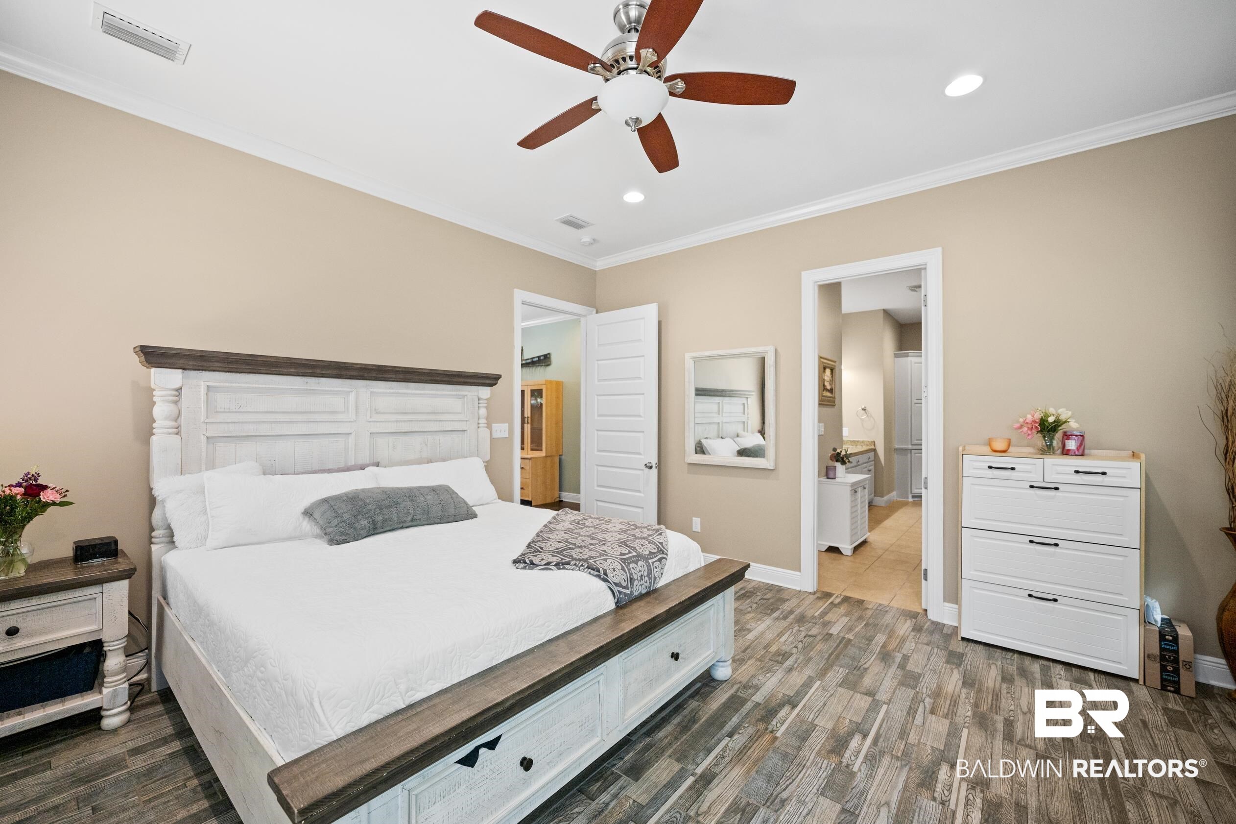 9060 Bromley Road Bay Minette, AL 36507 - Photo 29 of 63 Bedroom with dark wood-style floors, ornamental molding, recessed lighting, and a ceiling fan
