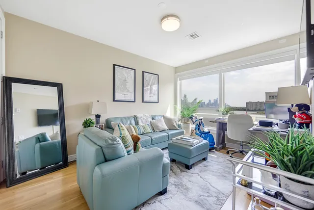 a living room with furniture potted plant and a large window